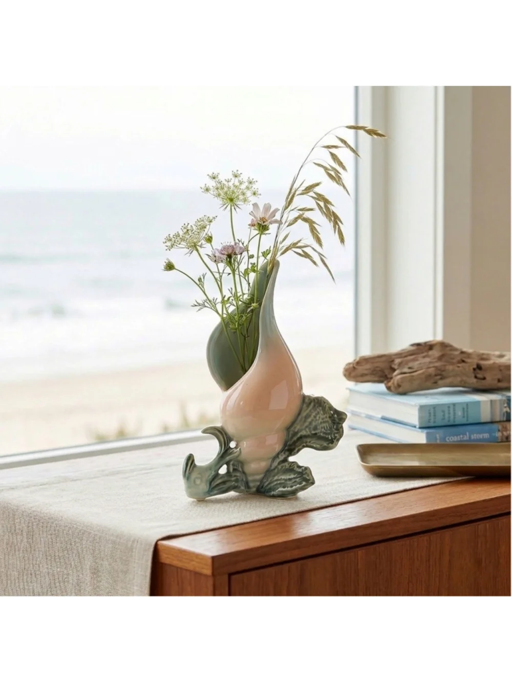 Mid-Century Modern Hull Pottery Ebb Tide Conch Shell Bud Vase - Peach & Green 7